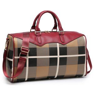 Plaid Check Overnight Bag Burgundy